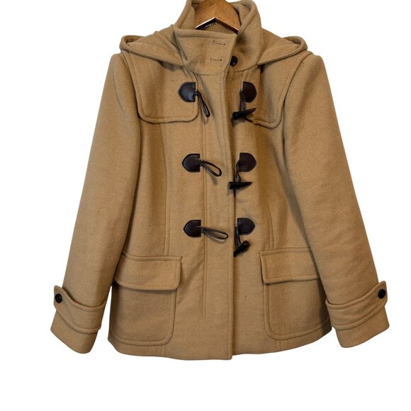 Lands End Womens Toggle Coat 14P Wool Blend Camel With Hood & Pockets - Picture 1 of 10